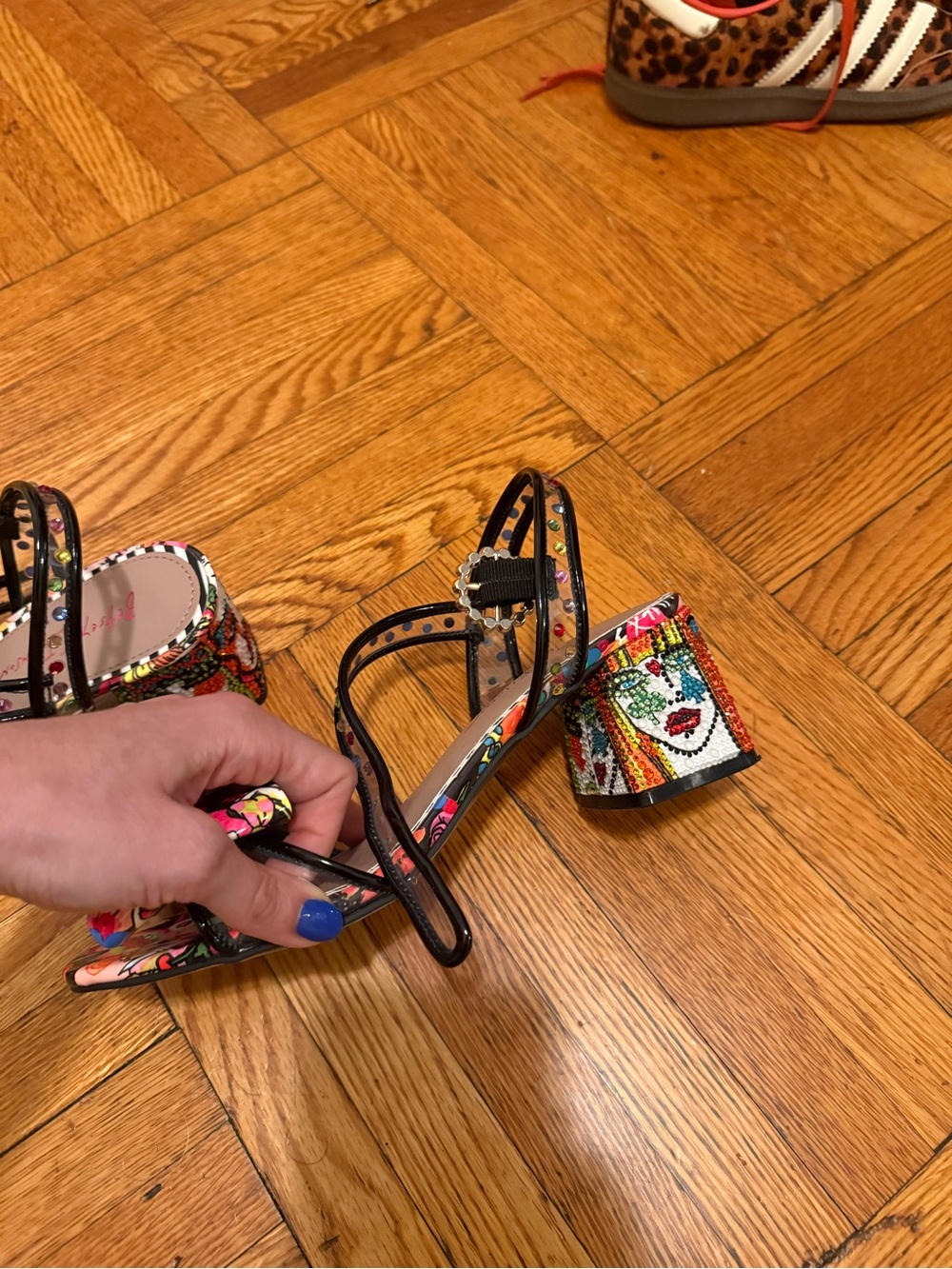 Like New!! Betsey Johnson Multicolor Embellished Block Heel Sandals - Picture 10 of 12